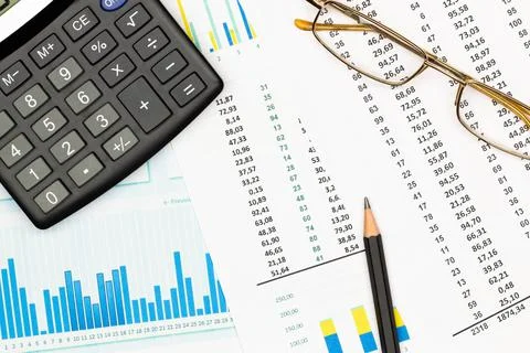 Top view office table desk. Financial report. Flat lay. Workspace with Business Stock Photos