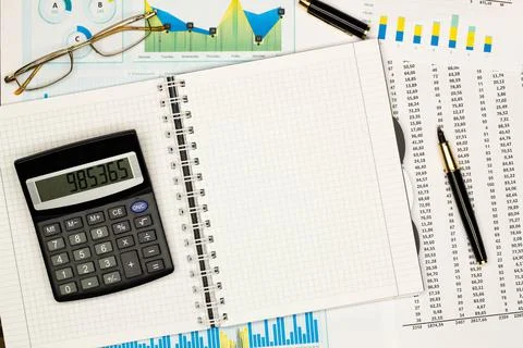 Top view office table desk. Financial report. Flat lay. Workspace with Business Stock Photos