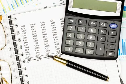 Top view office table desk. Financial report. Flat lay. Workspace with Business Stock Photos