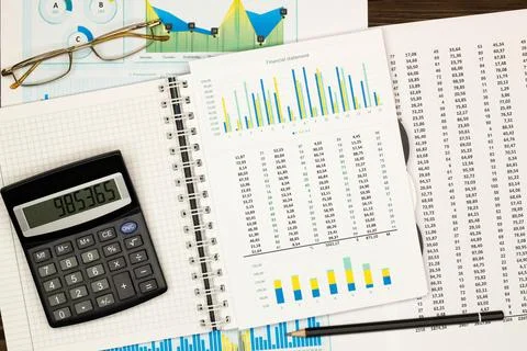Top view office table desk. Financial report. Flat lay. Workspace with Business Stock Photos