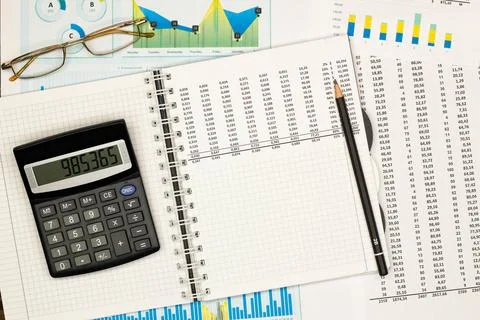 Top view office table desk. Financial report. Flat lay. Workspace with Business Stock Photos