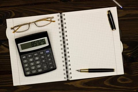 Top view office table desk. Financial report. Flat lay. Workspace with Business Stock Photos