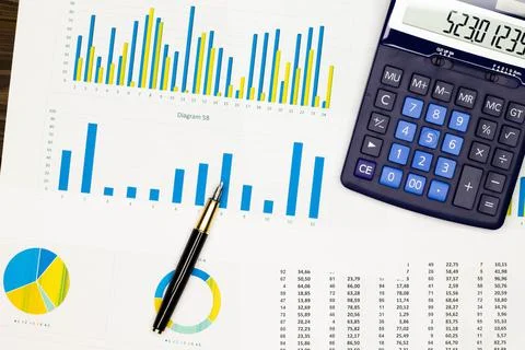 Top view office table desk. Financial report. Flat lay. Workspace with Business Stock Photos