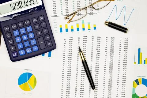 Top view office table desk. Financial report. Flat lay. Workspace with Business Stock Photos