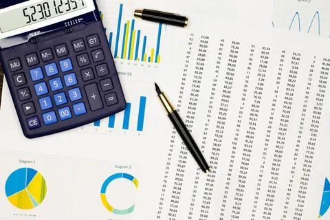 Top view office table desk. Financial report. Flat lay. Workspace with Business Stock Photos