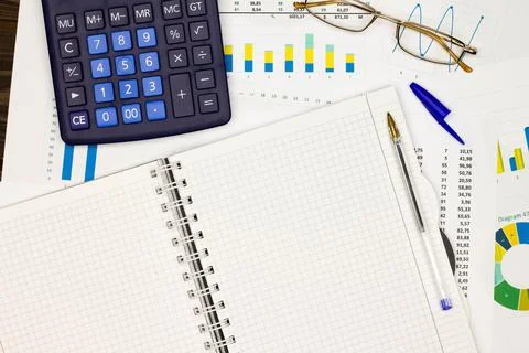 Top view office table desk. Financial report. Flat lay. Workspace with Business Stock Photos