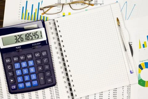 Top view office table desk. Financial report. Flat lay. Workspace with Business Stock Photos
