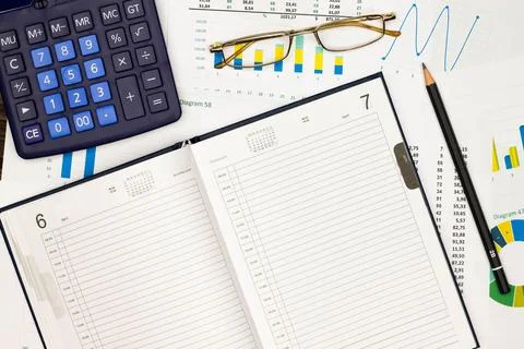 Top view office table desk. Financial report. Flat lay. Workspace with Business Stock Photos