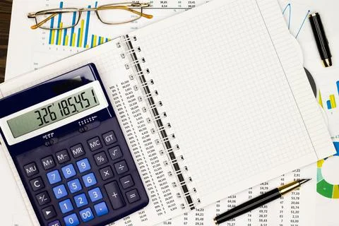 Top view office table desk. Financial report. Flat lay. Workspace with Business Stock Photos