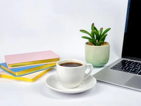 Top view office table desk. Workspace with blank, office supplies, laptop, .. Stock Photos