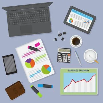 Top view office table workspace organization including laptop, tablet, cup of Stock Illustration