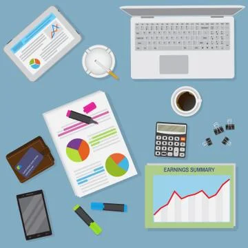 Top view office table workspace organization including laptop, tablet and sta Stock Illustration