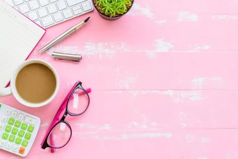 Top view office table with workspace and office accessories including calcula Stock Photos
