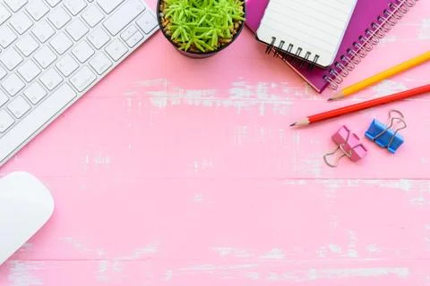 Top view office table with workspace and office accessories including calcula Stock Photos