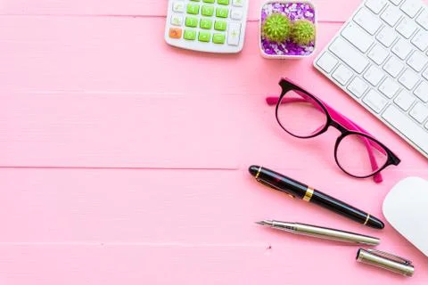 Top view office table with workspace and office accessories including calcula Stock Photos