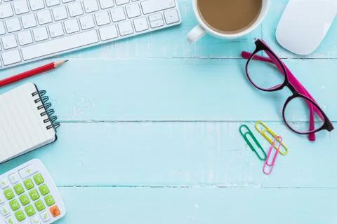 Top view office table with workspace and office accessories including calcula Stock Photos