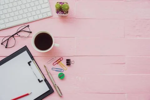 Top view office table with workspace and office accessories including keyboar Stock Photos