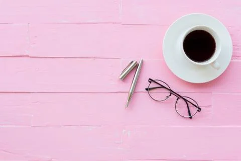 Top view office table with workspace and office accessories including glasses Stock Photos