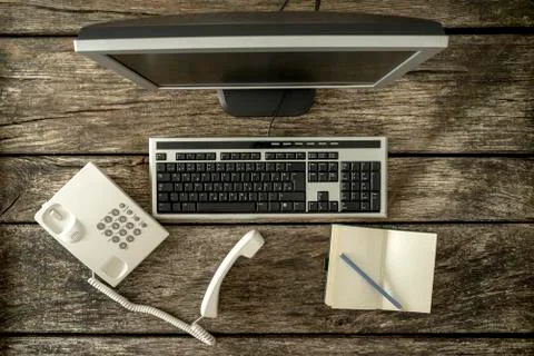 Top view of office wooden rustic desk Stock Photos