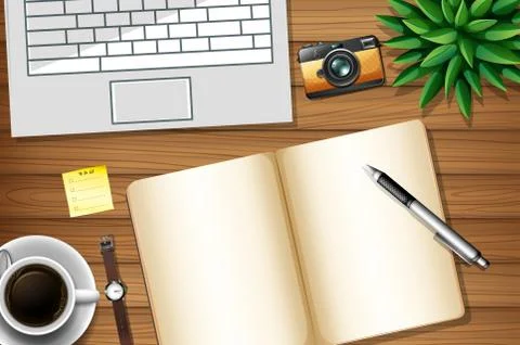 Top view office work desk with office elements with green leaves Illustrazione stock