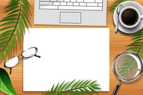 Top view office work desk with office elements with green leaves Illustrazione stock