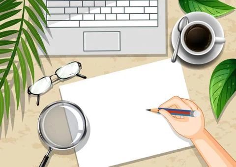 Top view office work desk with office elements with green leaves Illustrazione stock