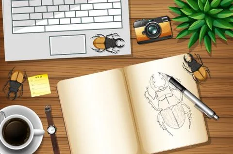 Top view office work desk with office elements with green leaves イラスト素材