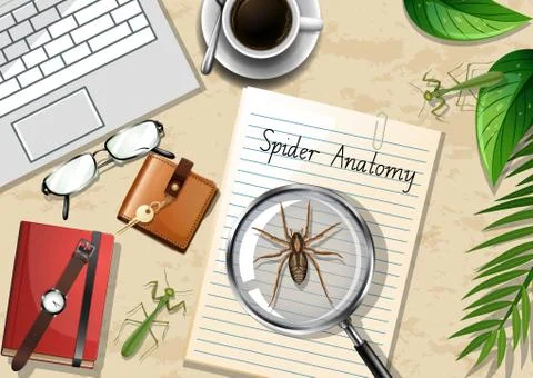 Top view office work table with office elements with green leaves and insects Illustrazione stock