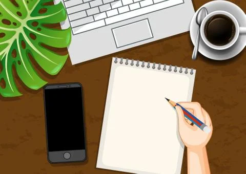 Top view office work table with office elements with green leaves Illustrazione stock