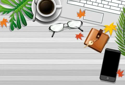 Top view office work table with office elements with green leaves Illustrazione stock