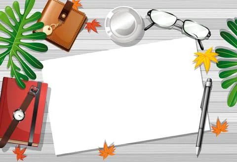 Top view office work table with office elements with green leaves イラスト素材