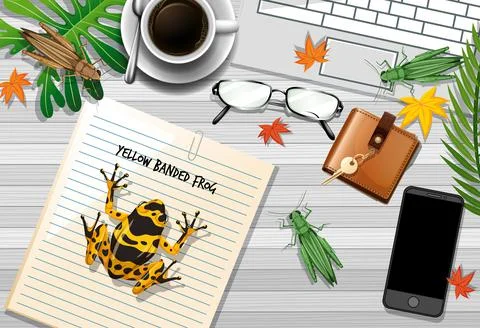 Top view office work table with office elements with green leaves and insects 스톡 일러스트
