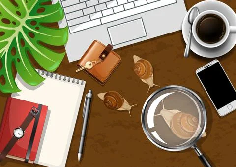 Top view office work table with office elements with green leaves イラスト素材