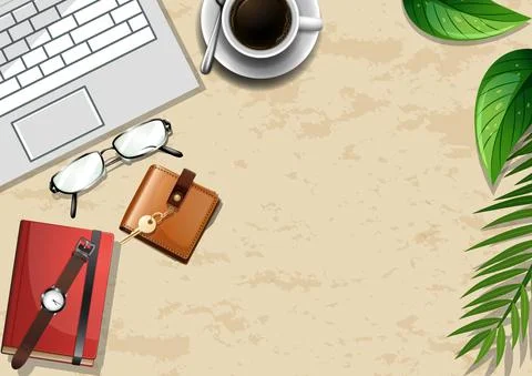 Top view office work table with office elements with green leaves Illustrazione stock