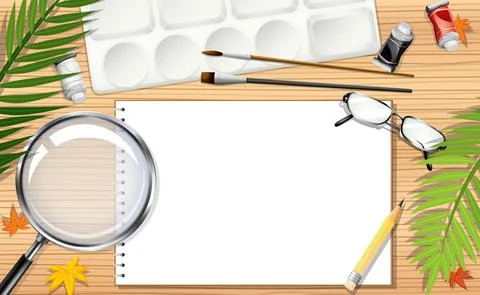 Top view office work table with office elements with green leaves イラスト素材