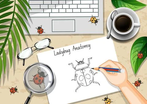 Top view office work table with office elements with green leaves and insects Stockillustratie