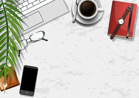 Top view office work table with office elements with green leaves Illustrazione stock