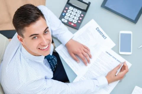 Top view of office worker at desk. Foto stock