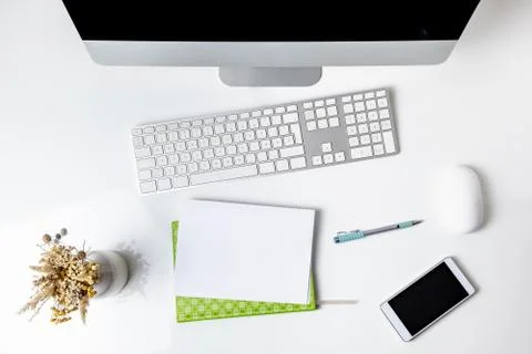 Top view of office working place with desktop computer.  Stock Photos