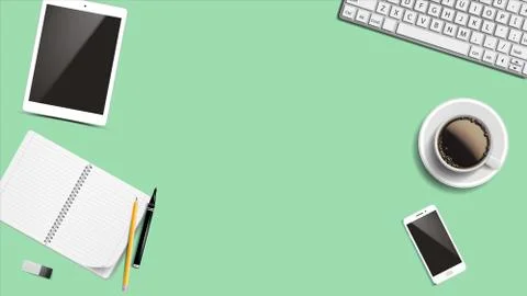 Top View Office Workplace Background Vector. Creative Desk Design. Place For Stockillustratie