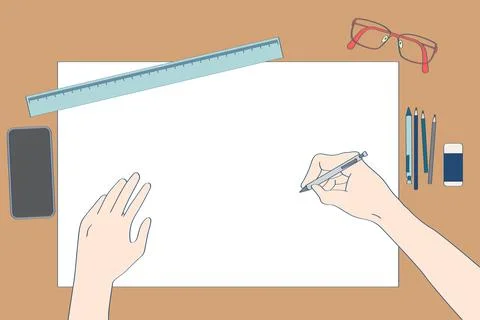Top view of office workplace, brown desk table with large paper,for write any Stock Illustration