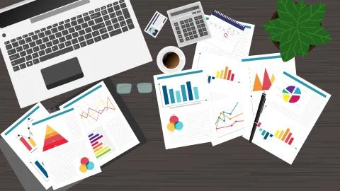 Top view of office workplace, office supplies, notebook. Charts, documents Stock Illustration