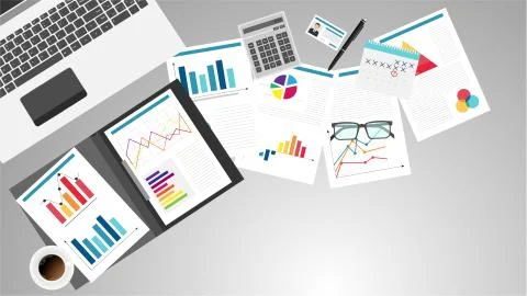 Top view of office workplace, office supplies, notebook. Charts, documents Stock Illustration