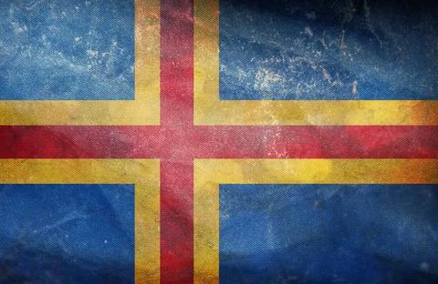 Top view of official retro flag Aland Islands with grunge texture. travel and Stock Illustration
