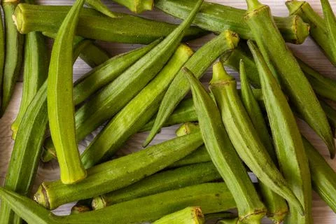Top view of the okra vegetable (also called as ladies finger). Stock Photos
