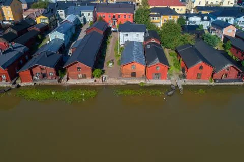 Top view of the old barns on the banks of the Porvoonjoki River. Old Porvoo Stock Photos