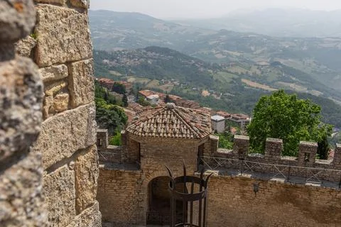 Top view from the old castle to fields and hills. Stock Photos