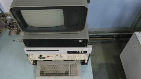 Top View Of Old Computer With Screen And Keyboard Stock Footage 121725985
