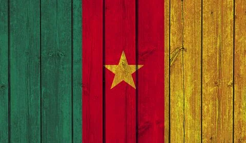 Top view of Old Painted Flag of Cameroon on Dark Wooden Fence, wall. patriot  Stock Illustration