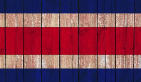 Top view of Old Painted Flag of Costa Rica on Dark Wooden Fence, wall. patrio Stock Illustration